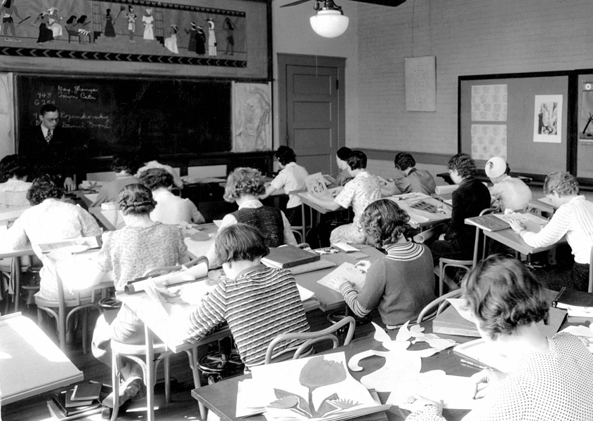 Art intructor Rudi Fuchs in the classroom, 1935